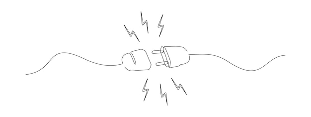 Eine kontinuierliche zeichnung des einsetzens eines steckers in eine steckdose, trennung der steckdose in einem einfachen linearen stil konzept der 404 fehlerverbindung bearbeitbarer schlag konturvektor-illustration