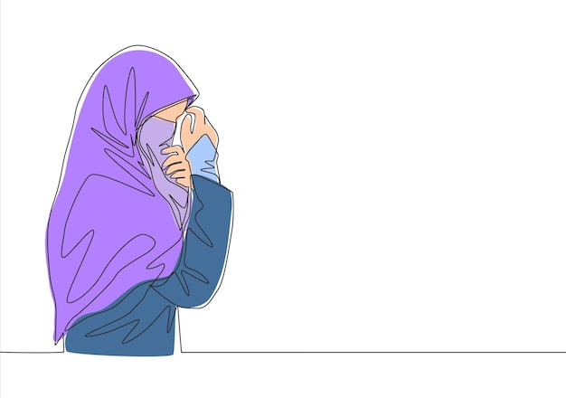 Vektor eine kontinuierliche zeile, die eine junge, glückliche arabische muslimin zeichnet, die eine burka trägt und ihr gesicht mit den händen bedeckt