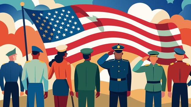 Vektor eine kraftvolle darstellung einer gruppe von veteranen, die hoch stehen und die amerikanische flagge salutieren, umgeben von