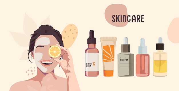 Eine lächelnde Frau hält eine Orangenstücke über den Augen und Hautpflegeprodukte Gesichtsbehandlung