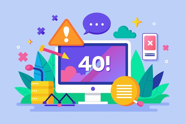 Eine lebendige digitale Illustration zeigt einen Computerbildschirm mit einer Fehlermeldung inmitten farbenfroher Designelemente und üppigem Grün