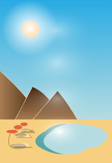 Eine leichte Skizze einer Wüstenlandschaft mit Bergen im heißen Sommer in der Nähe eines Pools eine Teichvektorillustration