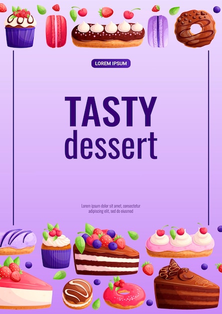 Eine leuchtende Designvorlage für ein köstliches Dessert Flyer verschiedene Arten von Kuchen das Konzept der