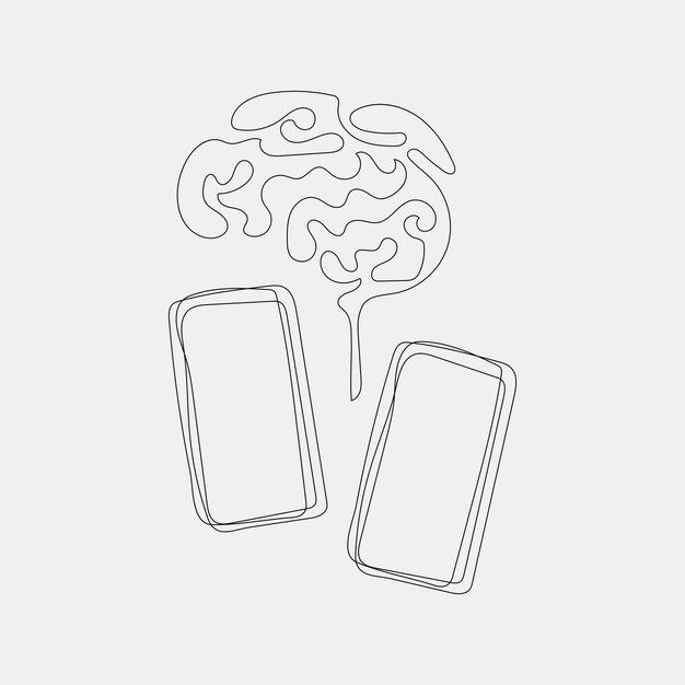 eine lineare Illustration Vektorzeichnung Skizze Smartphone-Technologie Gehirn ai ar vr ml