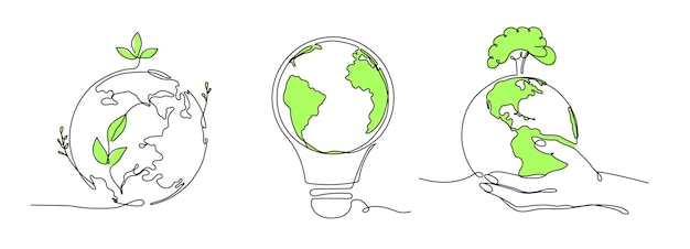 Eine Linie Eco World Globe Ökologie unterstützt die Umweltschutzidee und das Vektor-Illustrationsset für das Ökosystem der grünen Erde