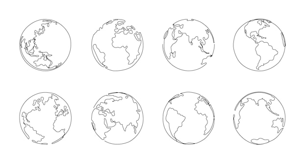 Eine linie globus planet erde globale kartenskizze und handgezeichnete weltkugeln vektorgrafik-set