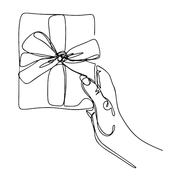 Eine linie hand hält geschenk kontinuierliche strichzeichnung