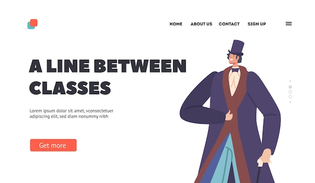 Eine Linie zwischen den Klassen Landing Page Template Vintage Gentleman trägt Zylinder männliche Figur in altem Kostüm