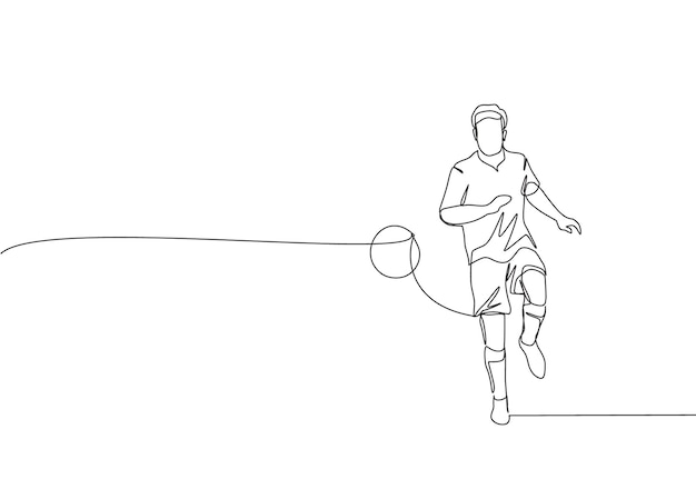 Eine linienzeichnung eines jungen fußballspielers mit kurzem ärmel, der ruhig den ball kontrolliert, der zu ihm übergegangen ist