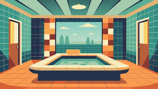 Eine luxuriöse sauna-suite mit mosaikwänden, einem eingebauten schwimmbad und einem privaten balkon für die bewohner