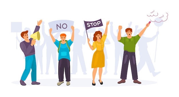 Eine Menge protestierender Menschen, die Demonstration halten, halten Plakate, Lautsprecher, Rauchbombe.
