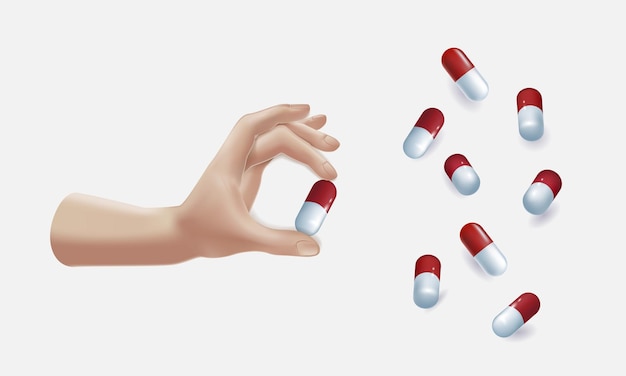 Eine menschliche hand hält eine medikamentenkapsel, die vom hintergrund isoliert ist das konzept der medizinischen behandlung einer krankheit oder störung cartoon 3d-vektorillustration von kapseln, tabletten