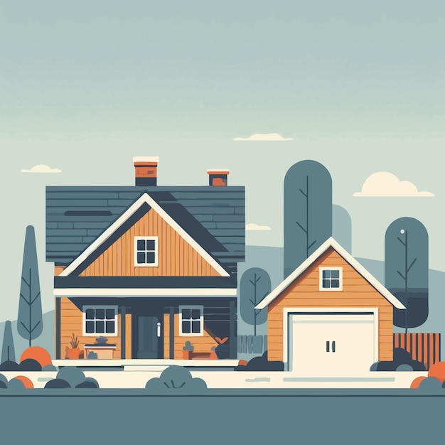 Eine minimalistische flache Illustration eines Hauses im Dorf