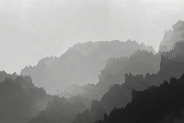 Eine minimalistische neblige Berglandschaft in Grautönen, die im Stil digitaler Aquarelle geschaffen wurde
