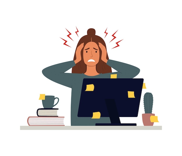 Eine müde Mitarbeiterin sitzt am Tisch Burnout des Mitarbeiters Psychisches Gesundheitsproblem