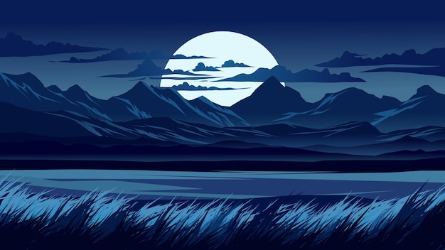 Eine Nachtlandschaft mit Bergen und Mond im Hintergrund