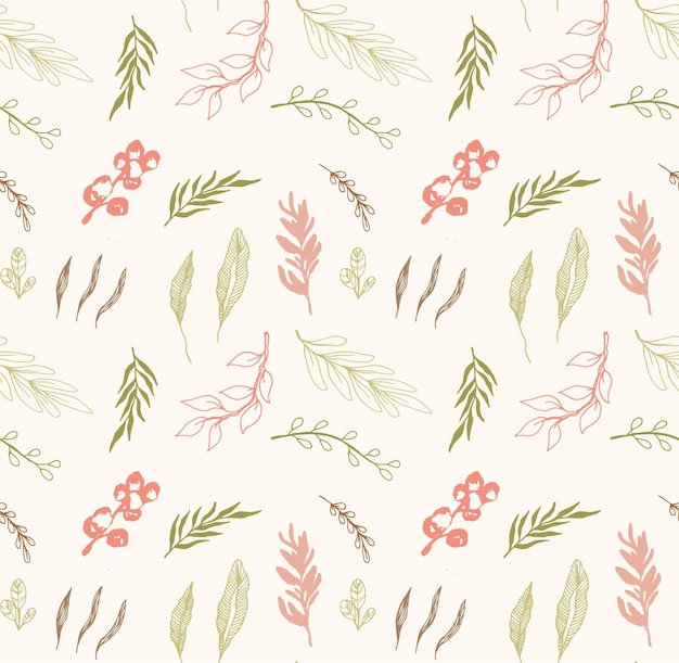 Vektor eine nahtlose botanische illustration mit einer vielzahl von blättern und blumen in erdgrünen und rosa farben
