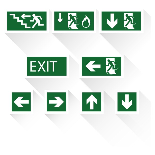 Eine neue Sammlung von grünen Ausgangsschildern mit Walking Man Icon Flat Style Vector Illustration für die Sicherheit