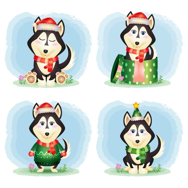 Eine niedliche husky dog weihnachtsfiguren-sammlung