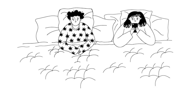 Eine niedliche männliche und weibliche figur kann nicht schlafen ein ehepaar leidet an schlaflosigkeit vektordarstellung im stil eines doodles auf einem isolierten weißen hintergrund