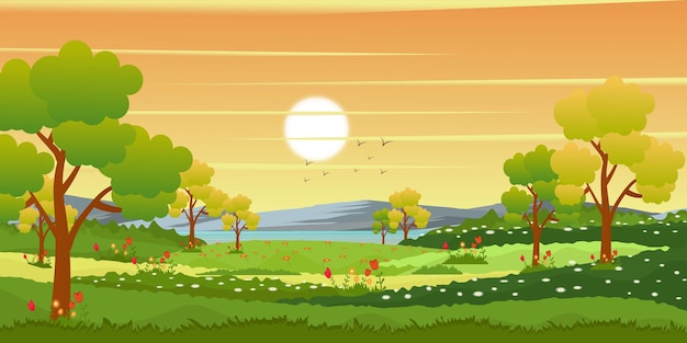 Eine perfekte Illustration des Frühlingssonnenaufgang-Hintergrundvektors