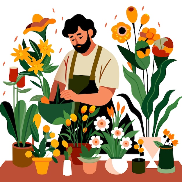 Vektor eine person arbeitet mit blumen vektor-illustration