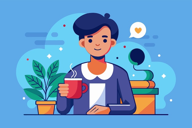Eine Person, die an einem Tisch sitzt und eine Tasse Kaffee hält, veranschaulicht das Konzept der Kundensegmentierung in der digitalen Werbung