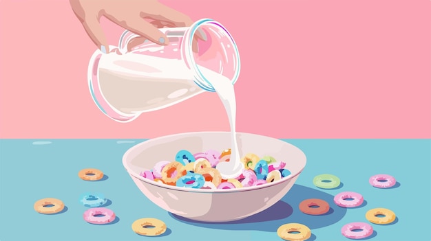 eine Person, die Milch in eine Schüssel mit Getreide gießt