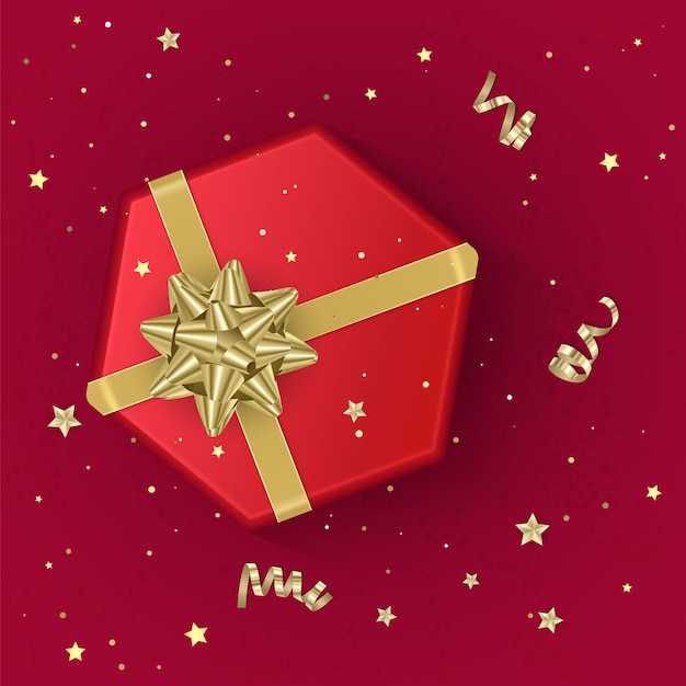 Eine realistische rote geschenkbox, verziert mit einer goldenen schleife, draufsicht.