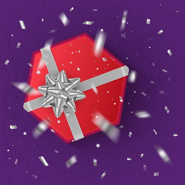 Eine realistische rote geschenkbox, verziert mit einer silbernen schleife, draufsicht.