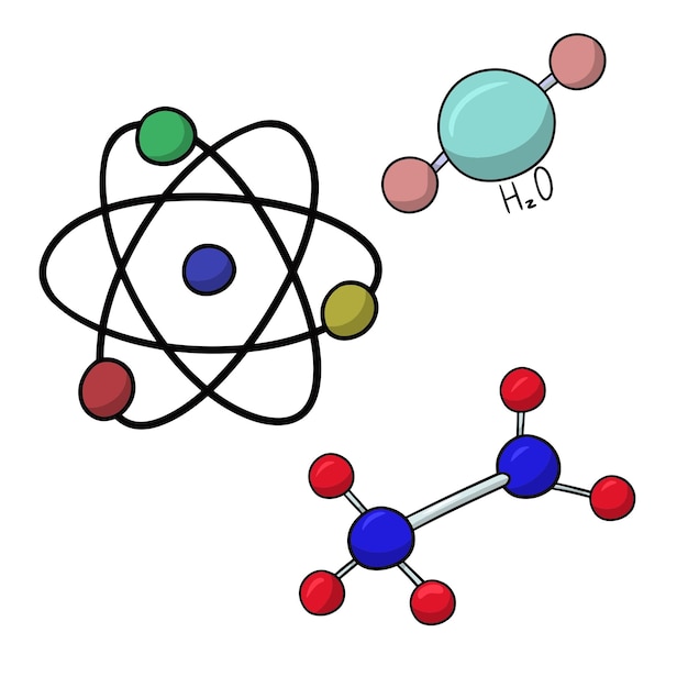 Vektor eine reihe einfacher diagramme von molekülen und atomen, vektorgrafik im cartoon-stil