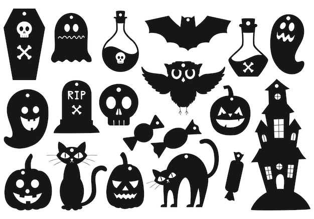 Eine reihe einfacher geschenkanhänger schwarze silhouetten von halloween-symbolen flache vektordekorelemente