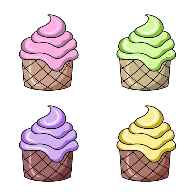 Eine reihe farbiger symbole, ein köstlicher cupcake mit einem zarten, unterschiedlichen creme-vektor-cartoon