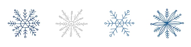 Eine Reihe handgezeichneter Schneeflocken Vektordarstellung im Doodle-Stil Winterstimmung Hallo 2023 Frohe Weihnachten und ein gutes neues Jahr Blaue und graue Elemente auf weißem Hintergrund