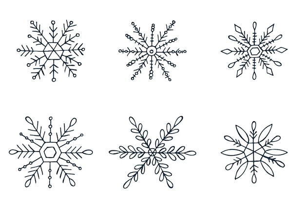 Eine reihe handgezeichneter schneeflocken vektordarstellung im doodle-stil winterstimmung hallo 2023 frohe weihnachten und ein gutes neues jahr dunkelblaue elemente auf weißem hintergrund