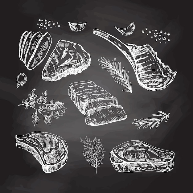 Eine Reihe handgezeichneter Skizzen von Grillfleischstücken mit Gewürzen auf Tafelhintergrund