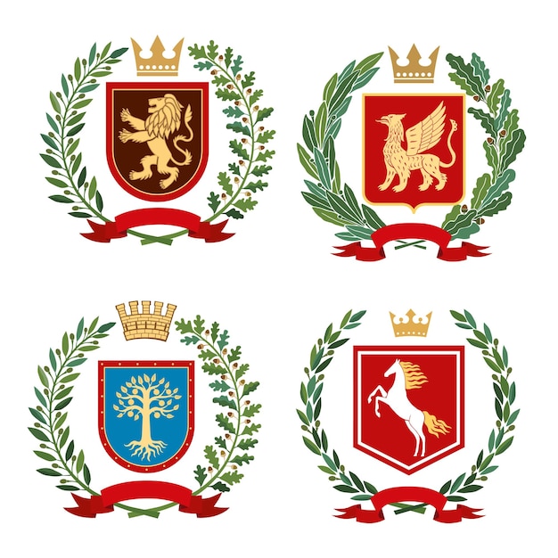 Eine Reihe heraldischer Wappen Löwengreifbaum und Pferd auf dem Hintergrund von Schilden