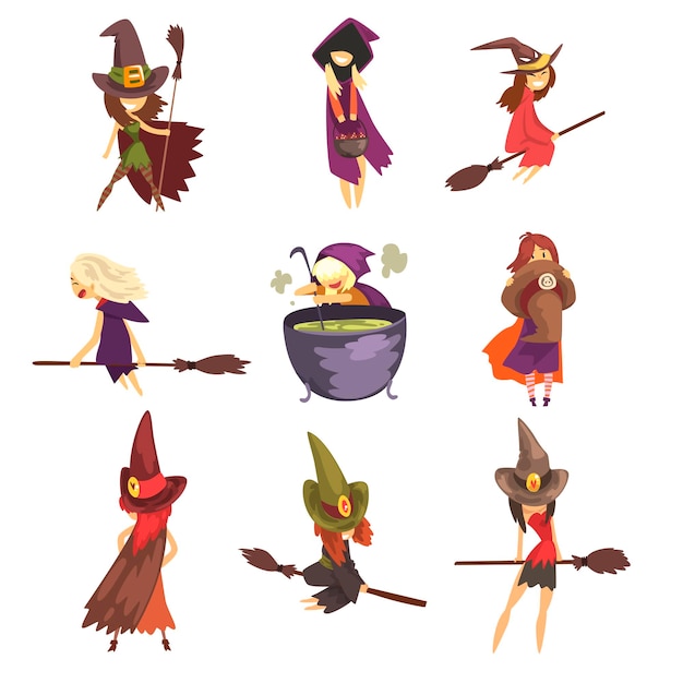 Eine Reihe junger Hexen in verschiedenen Aktionen, die auf Besen fliegen, Trank in einem großen Topf kochen und posieren. Weibliche Cartoon-Figuren in Kegelhüten und Umhängen mit Kapuzen, Halloween-Thema, flaches Vektordesign