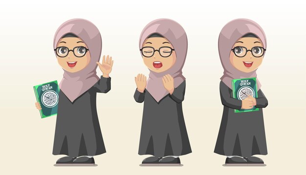 Vektor eine reihe niedlicher muslimischer mädchen-hijab mit brille, die den heiligen koran in der hand halten und beten