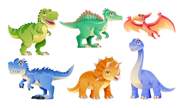 Eine reihe süßer dinosaurierfiguren im cartoon-stil