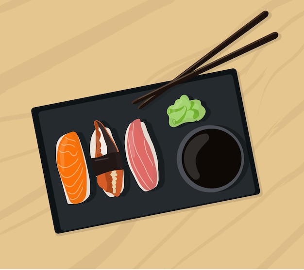 Eine Reihe traditioneller japanischer Gerichte mit Brötchen und Sushi mit Meeresfrüchten auf einem schwarzen Teller und einem Holztisch