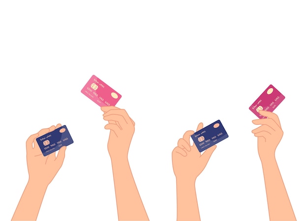Eine Reihe verschiedener Hände, die Kreditkarten im Hintergrund halten, bargeldloses digitales Bezahlen