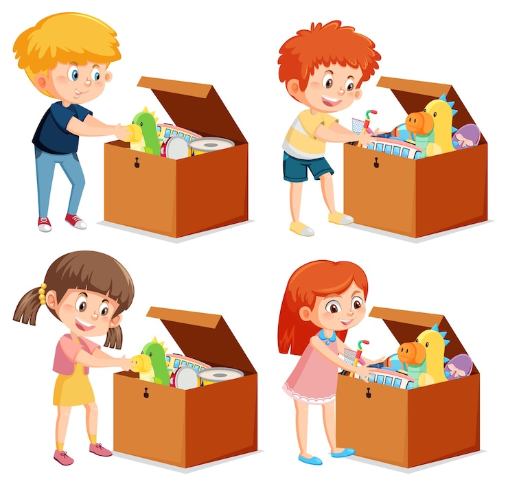 Vektor eine reihe verschiedener kinder, die ihre spielsachen in kisten legen