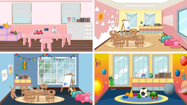 Eine reihe verschiedener kindergarten-klassenzimmerszenen