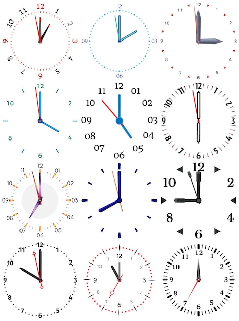 Eine Reihe verschiedener mechanischer Uhren mit einem Bild von jeder der zwölf Stunden Ziffernblatt auf weißem HintergrundxA