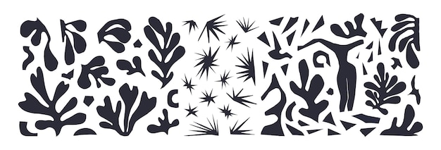 Vektor eine reihe von abstrakten pflanzen und verschiedenen formen, inspiriert von matisse. vektor-illustration schwarz auf weißem papier ausschnitte auf blauem hintergrund isoliert. weibliche figur, sterne, algenreste aus geschnittenem papier.