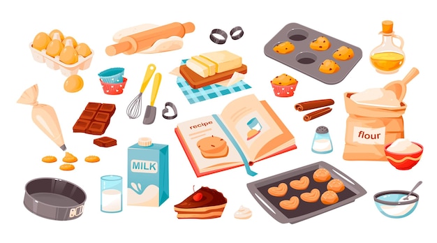 Eine Reihe von Backzutaten Produkte und Küchengeräte zum Kochen von Backrezepten Cartoon-Vektor