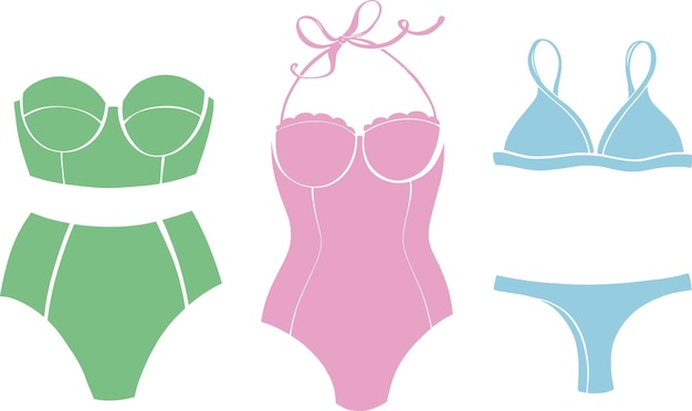 Eine Reihe von Badebekleidung in modernem Stil Verschiedene Modelle von Damenbadebekleidung Vektorkonzept für den Sommerstrand