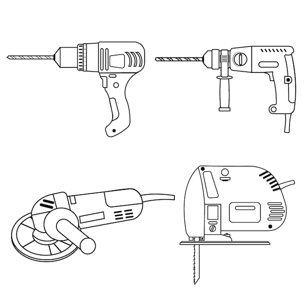 Eine reihe von bauwerkzeugen bohrer, stichsägenschleifer und puncher schwarze kontur.