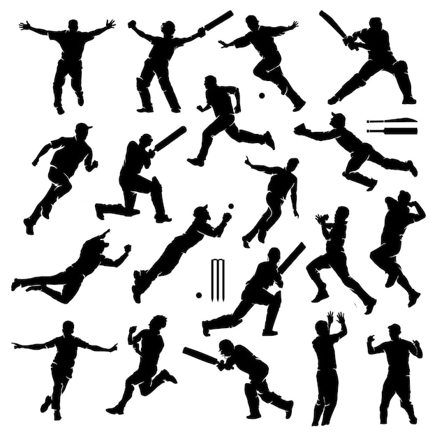 Eine Reihe von Cricket-Spielern, die Bowling-Felder schlagen, die den Ball fangen, der nach Sieg-Silhouetten feiert